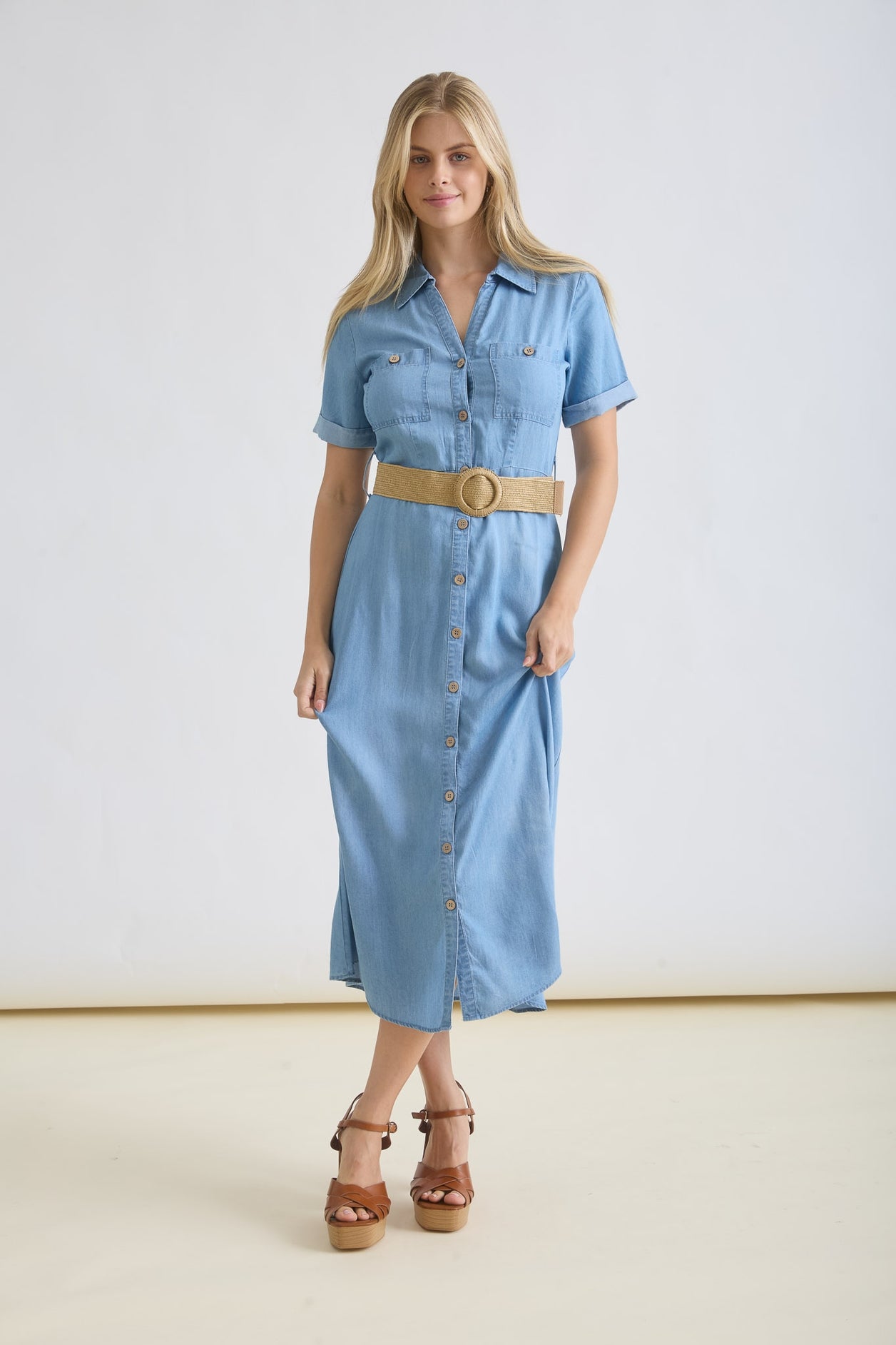Chambray Belted Midi Dress