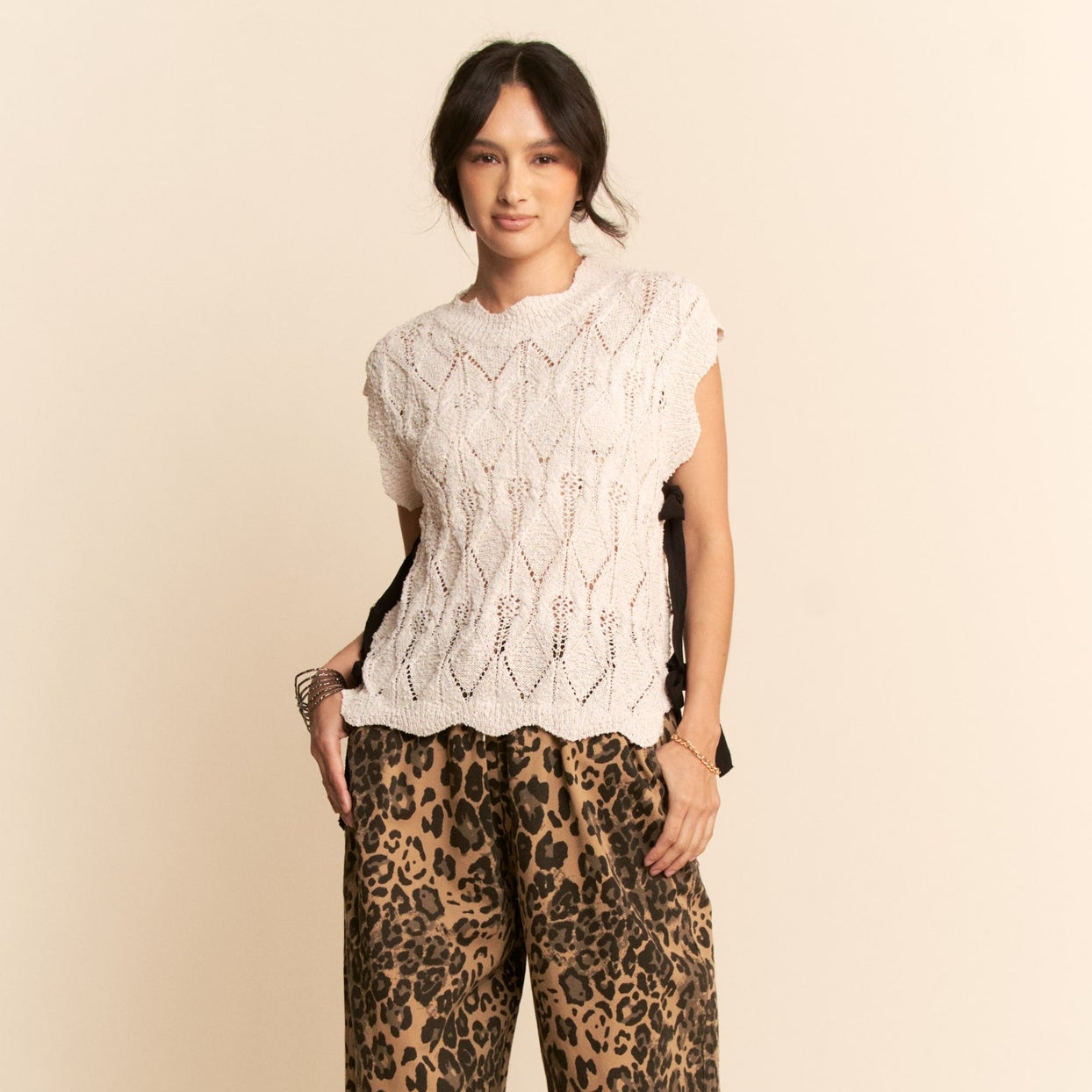 Knit Sleeveless Top W/ Ribbon-Tied Sides