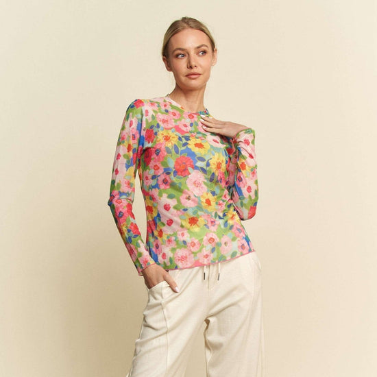 Flower Printed Mesh Round neck Long Sleeve Top