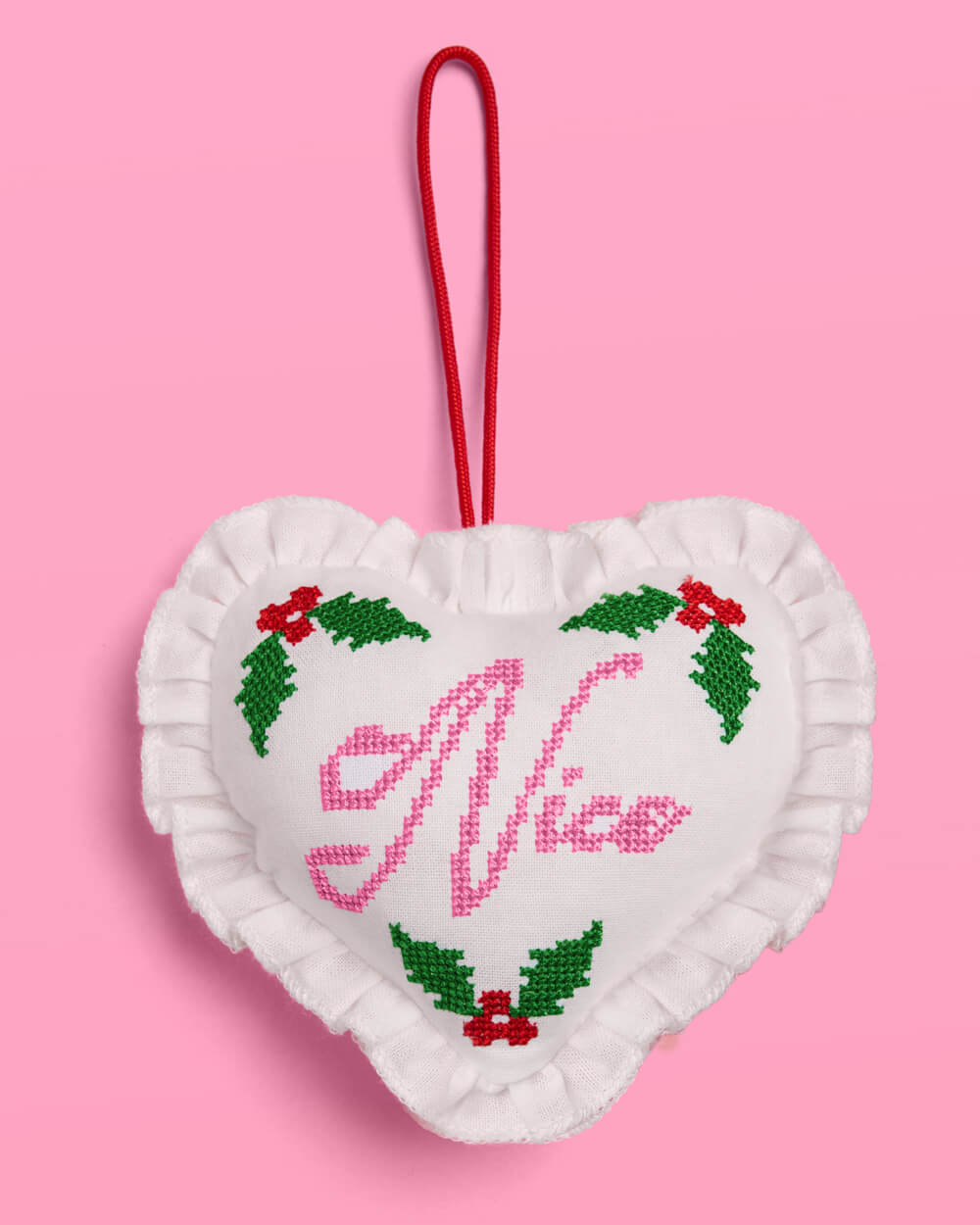 Naughty or Nice Cross Stitch Heart Christmas Ornament