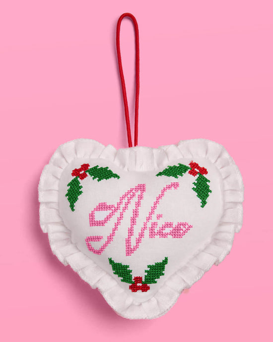 Naughty or Nice Cross Stitch Heart Christmas Ornament