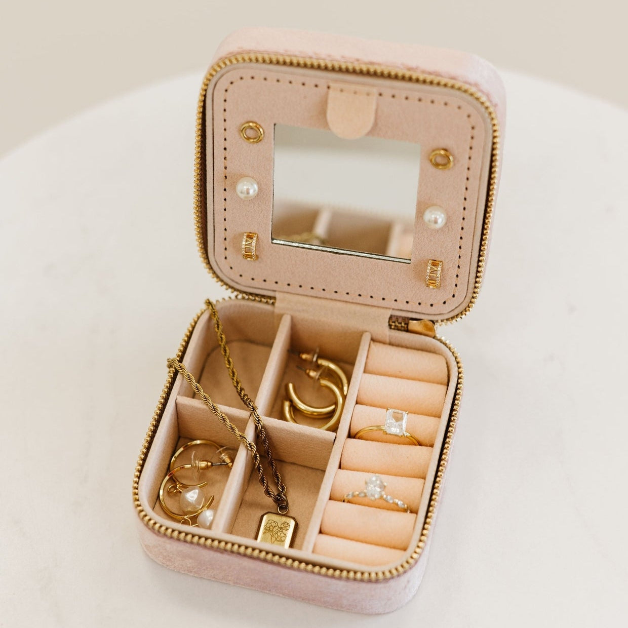 Velvet Travel Jewelry Box with Mirror