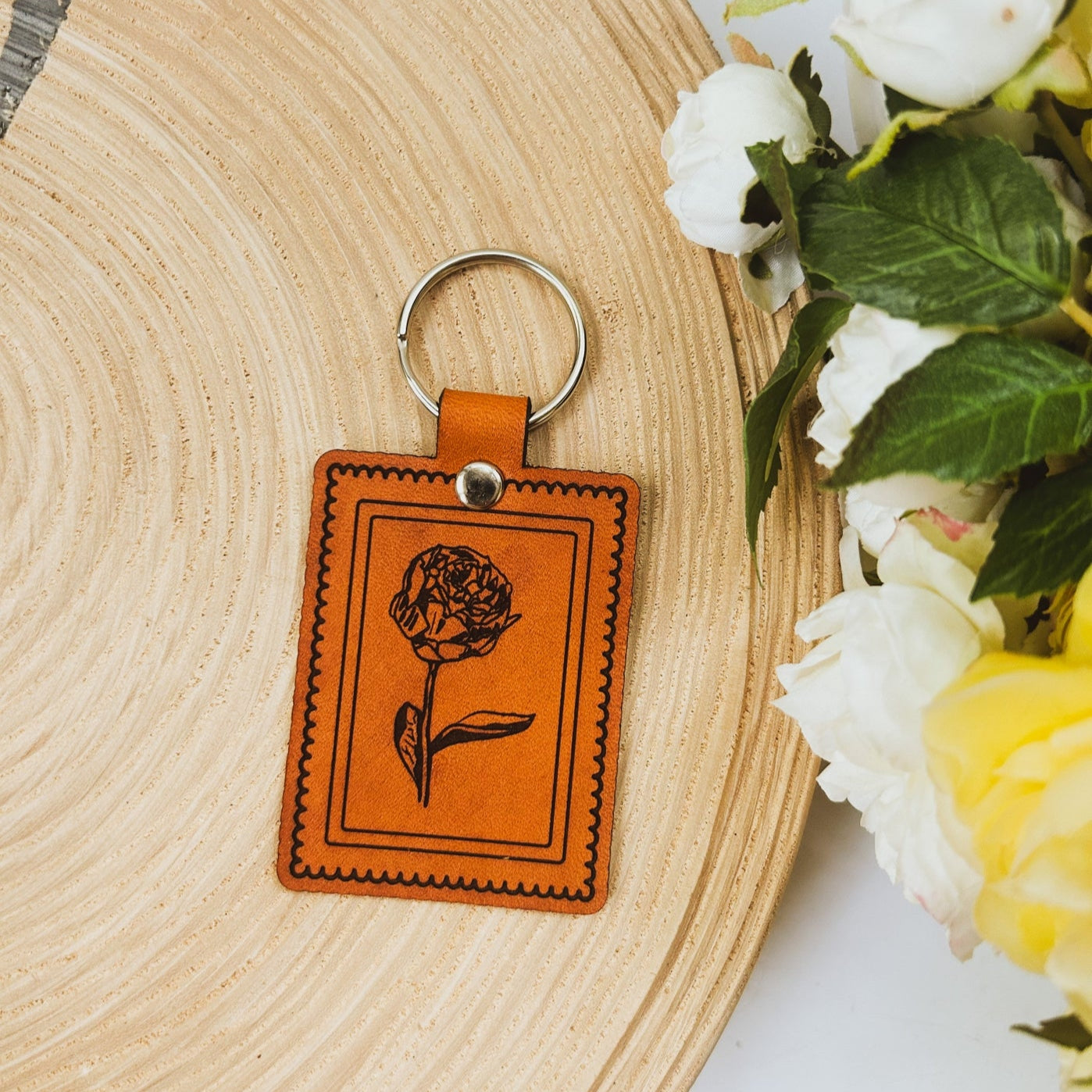 Peony Stamp Leather Keychain