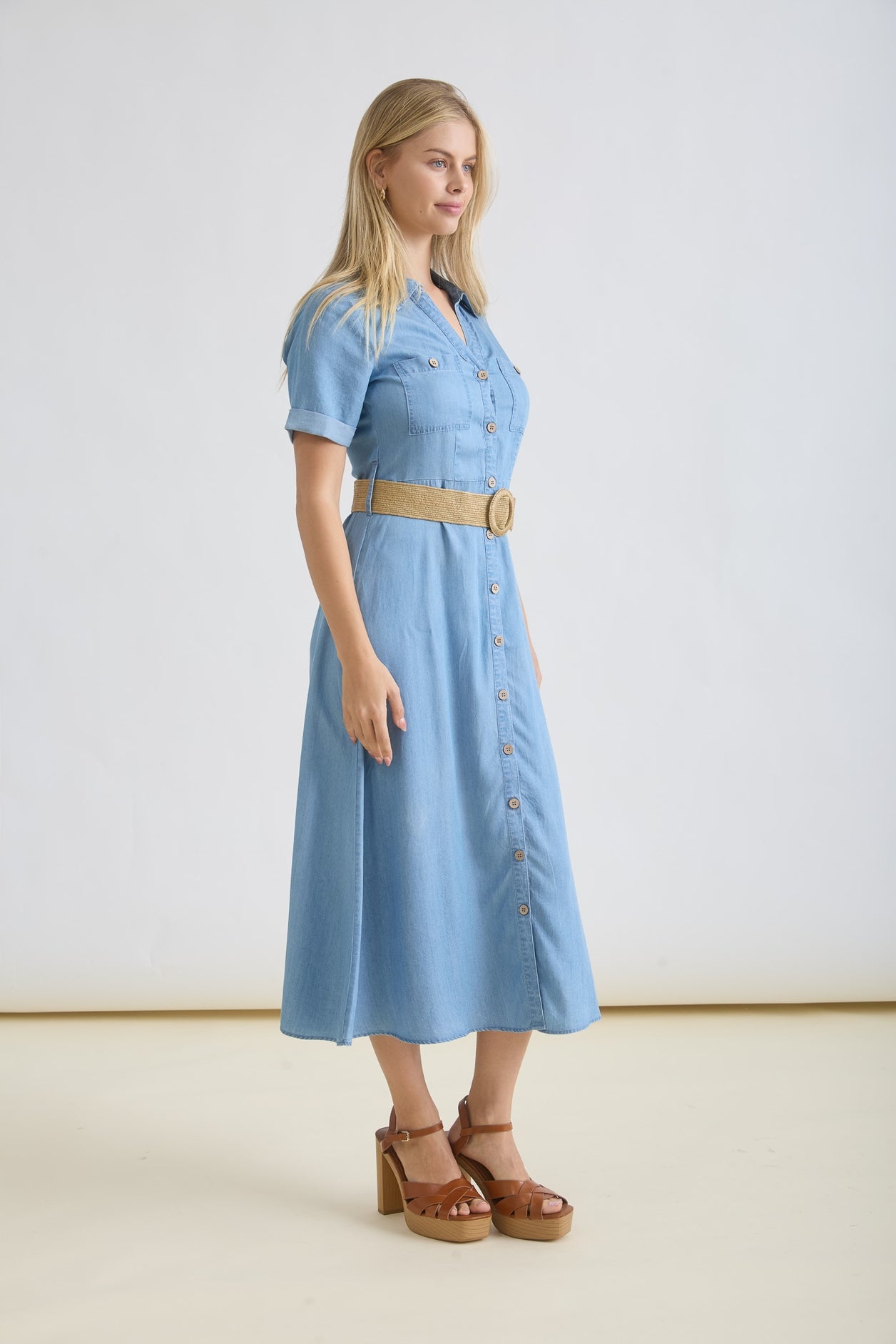 Chambray Belted Midi Dress