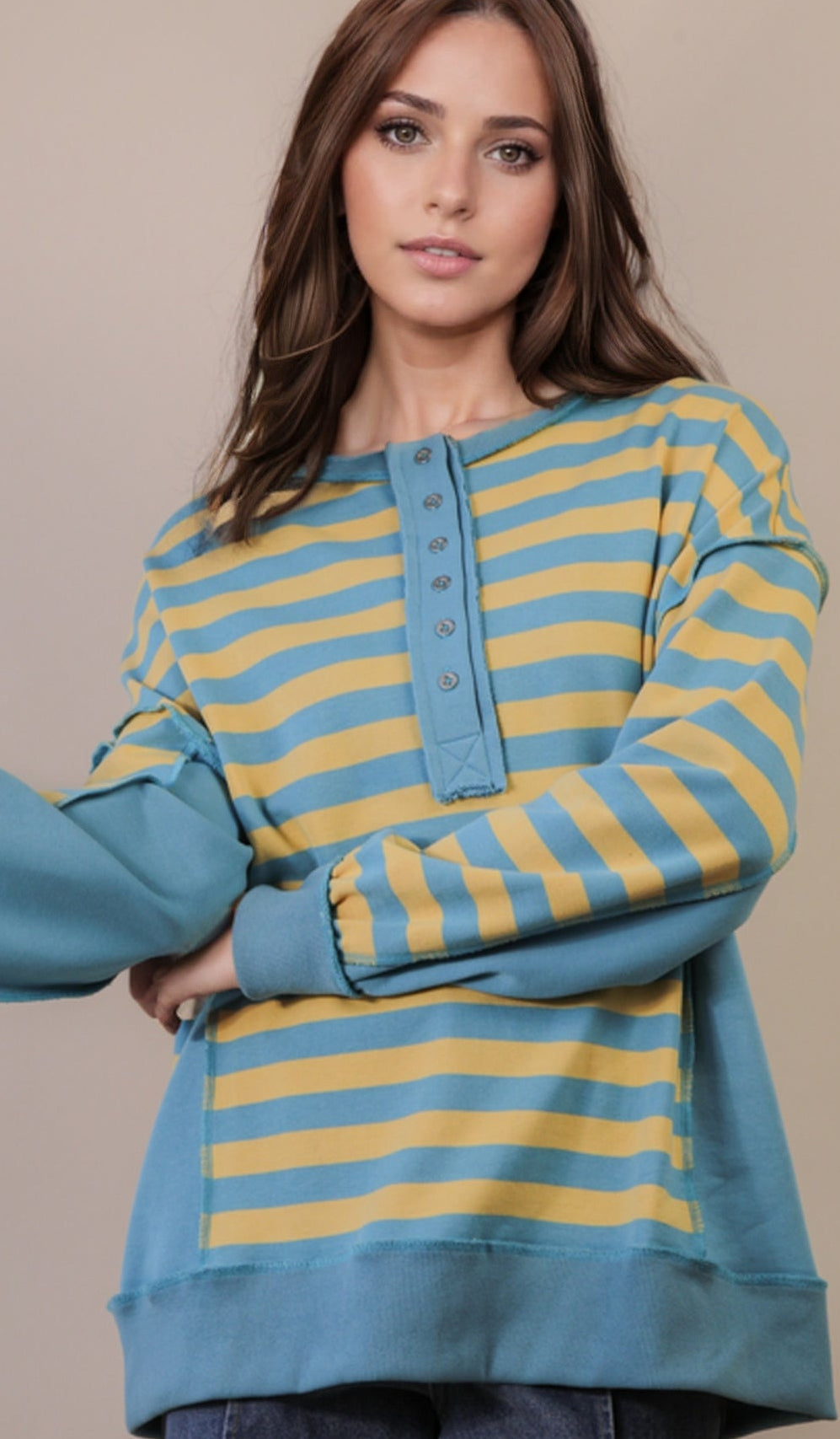 Oversized Striped Half Button Casual Top