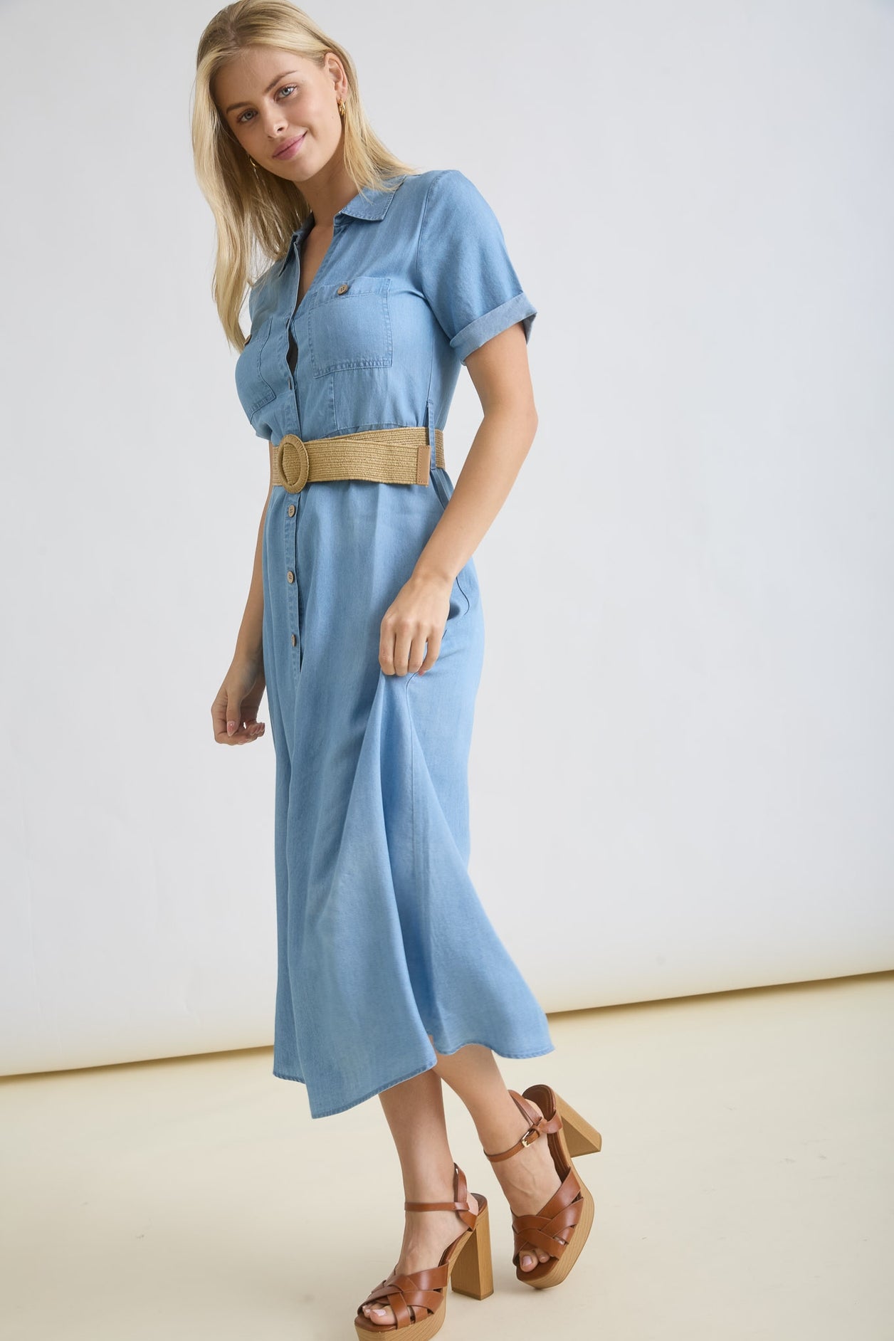 Chambray Belted Midi Dress