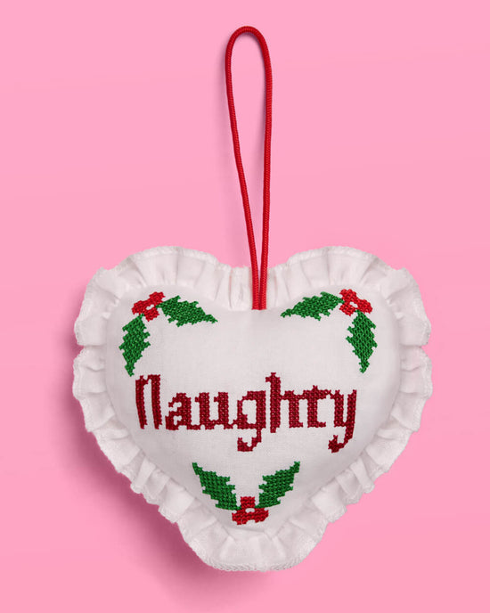 Naughty or Nice Cross Stitch Heart Christmas Ornament
