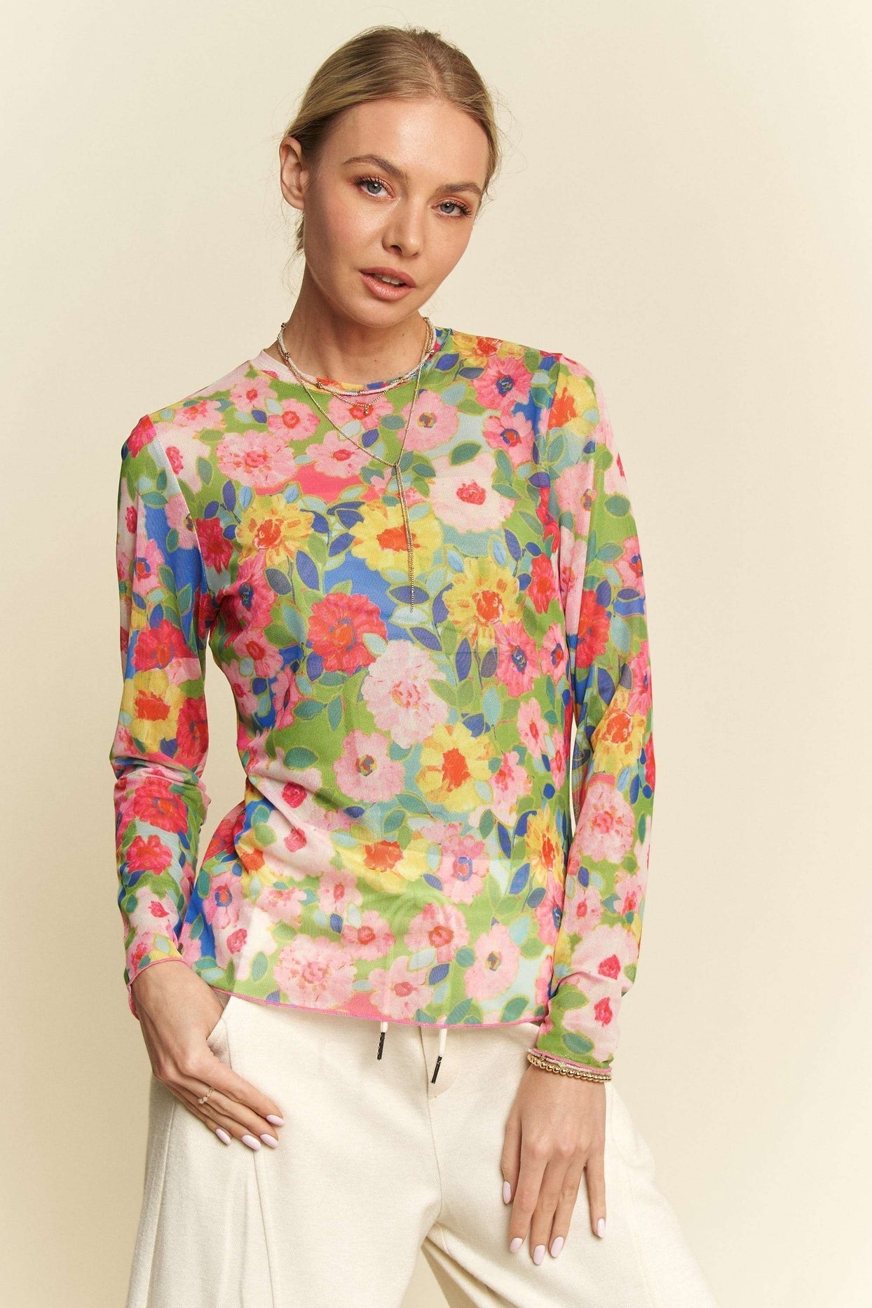 Flower Printed Mesh Round neck Long Sleeve Top