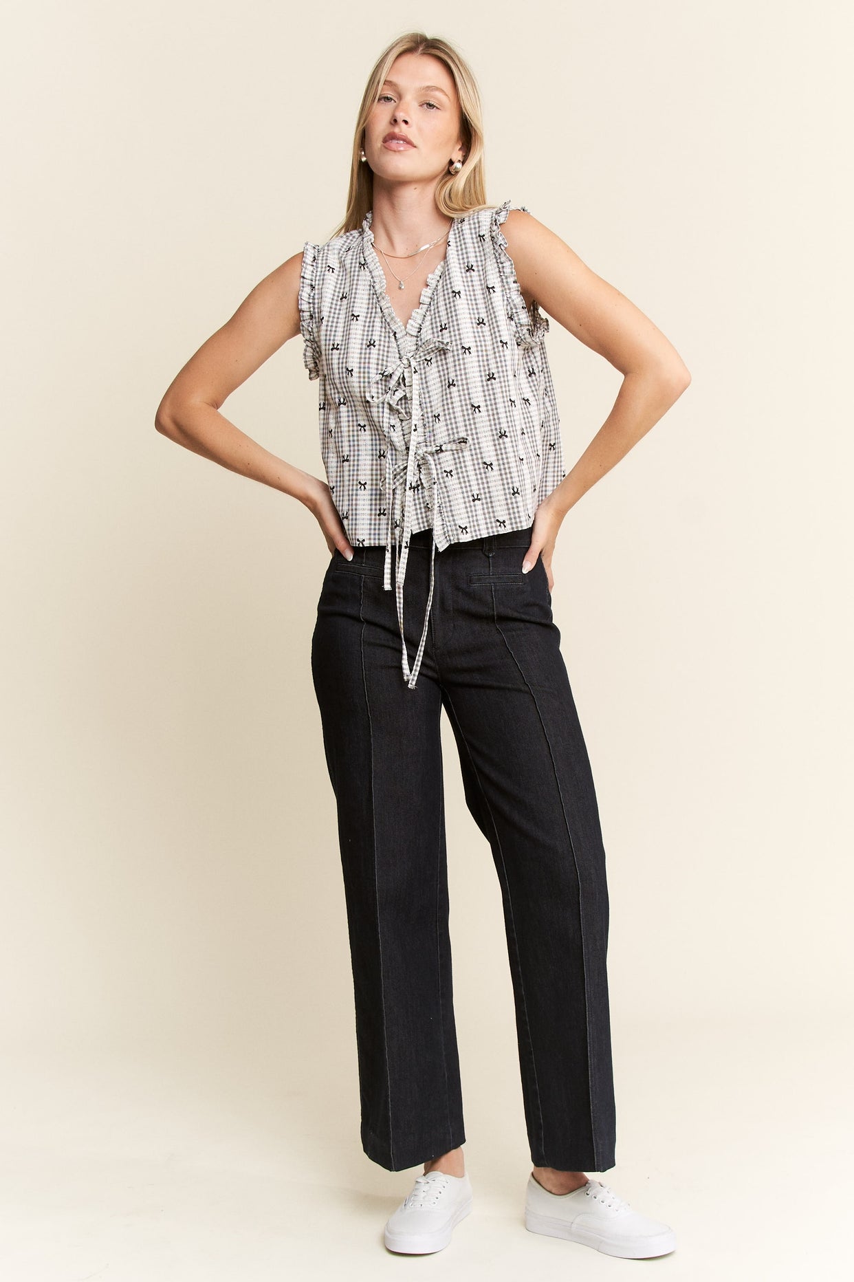 Bow Print Plaid Tie Front Top