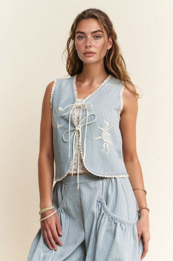 Moon & Sun Striped Denim Tie-Front Vest
