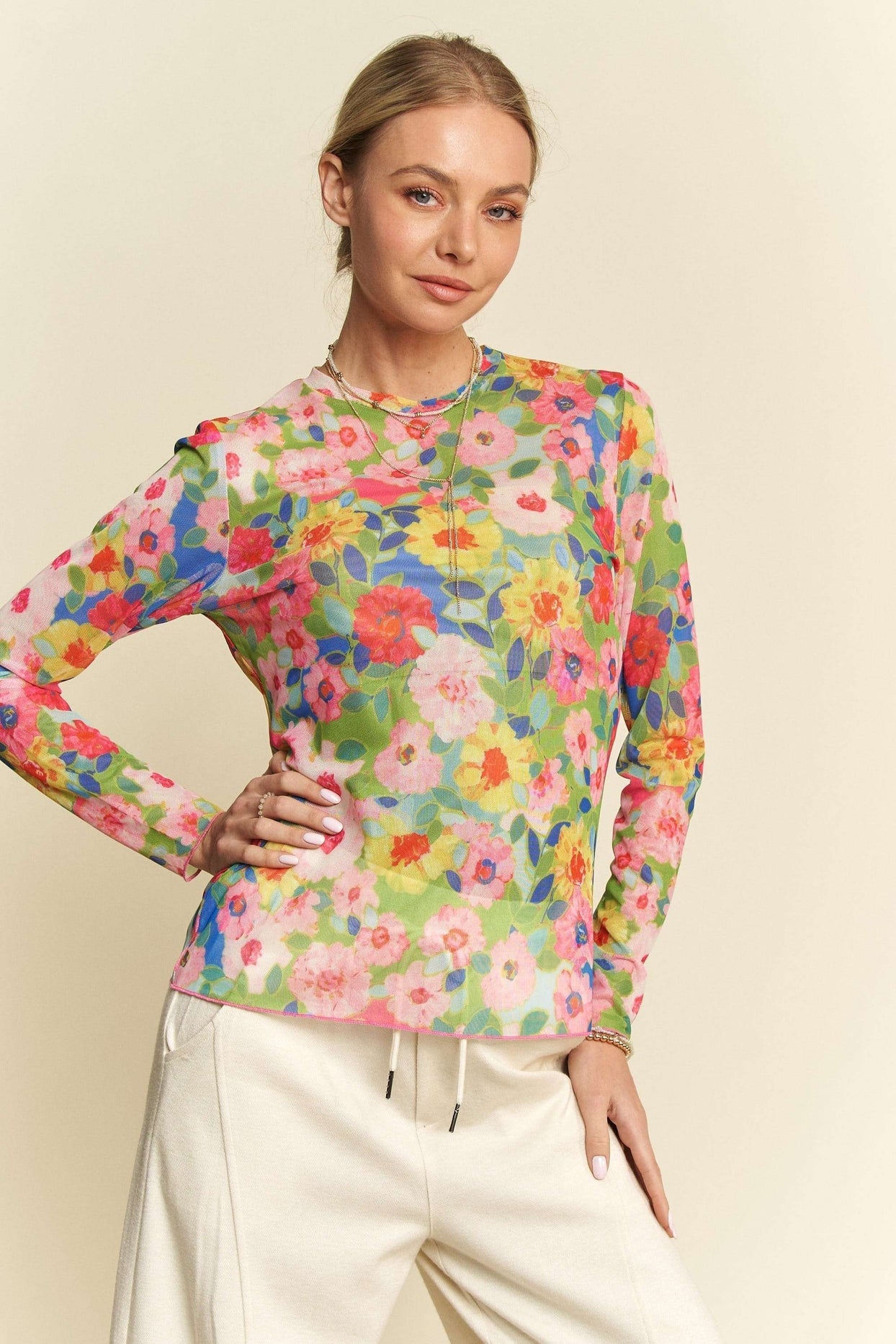 Flower Printed Mesh Round neck Long Sleeve Top