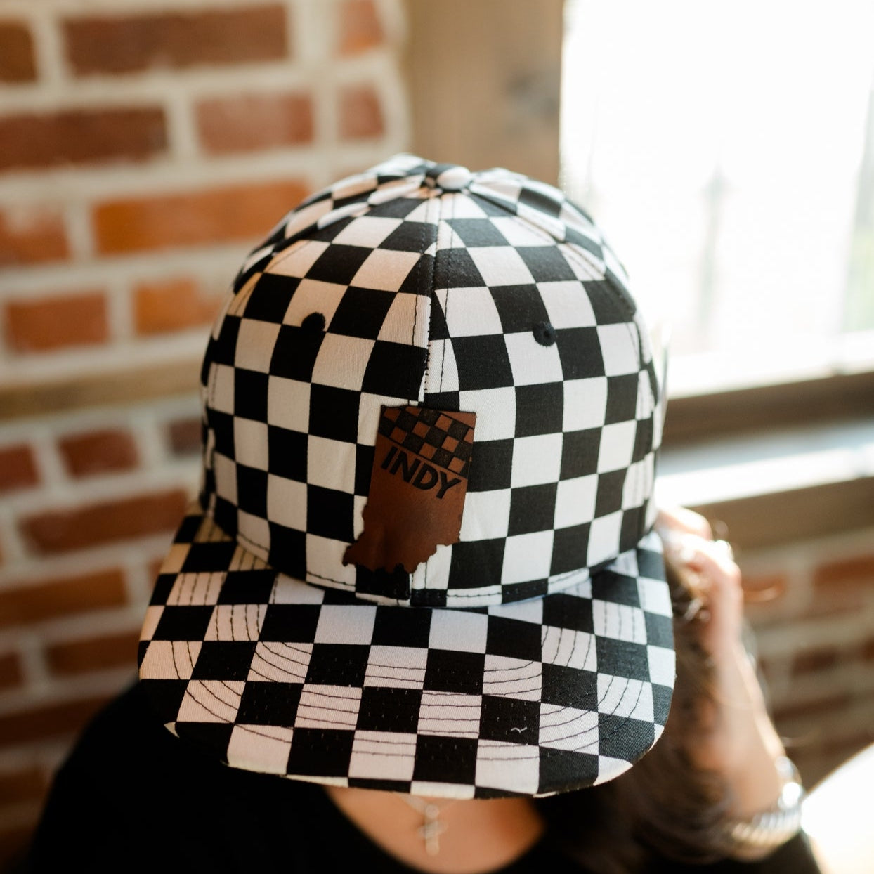 INDY Racing Leather Patch Checkered Trucker Hat