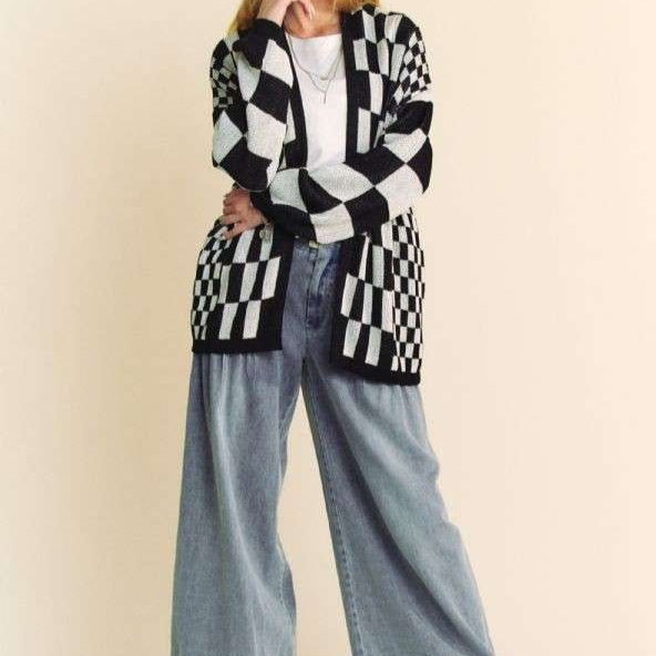 Lightweight Checkerboard Open Cardigan