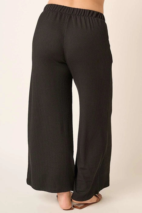 Rib Knit Texture Wide Leg Pants - Black - Size S-2X