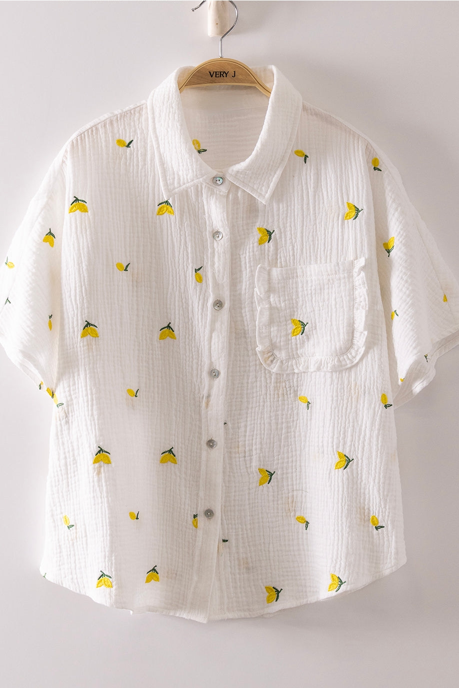 Lemon Embroidery Gauze Button-Up Shirt