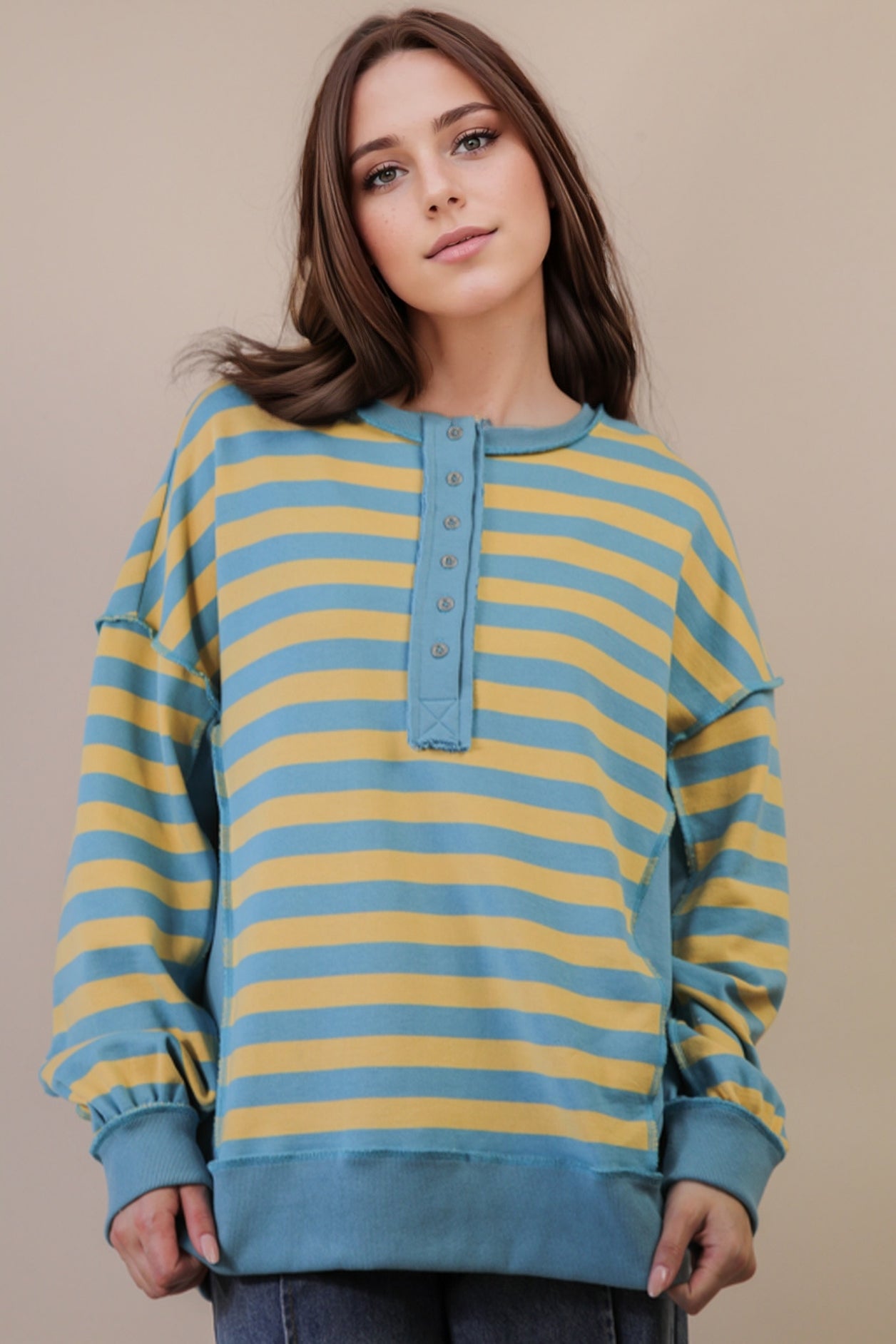 Oversized Striped Half Button Casual Top