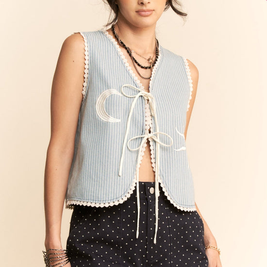 Moon & Sun Striped Denim Tie-Front Vest