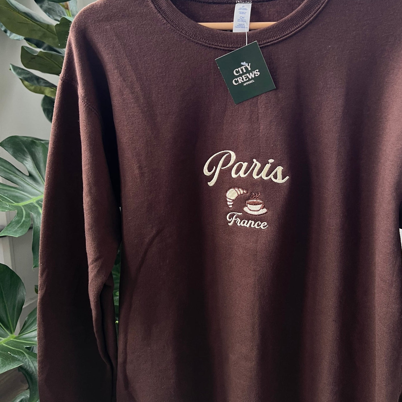 Brown sweatshirt with 'Paris France' text on a hanger against a plant background