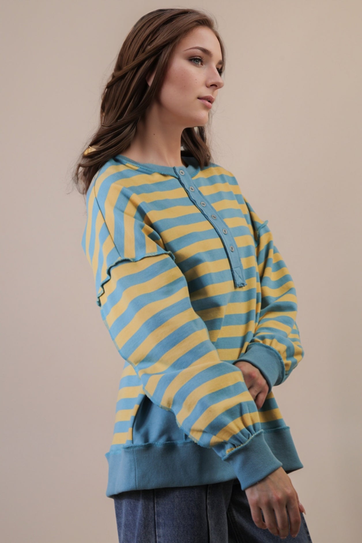 Oversized Striped Half Button Casual Top