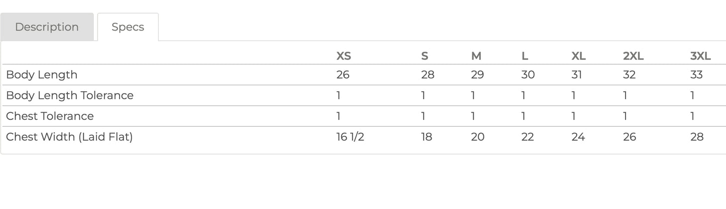Measurement chart for clothing sizes with body length, chest width, and tolerance details.