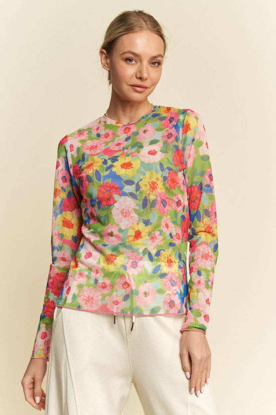 Flower Printed Mesh Round neck Long Sleeve Top