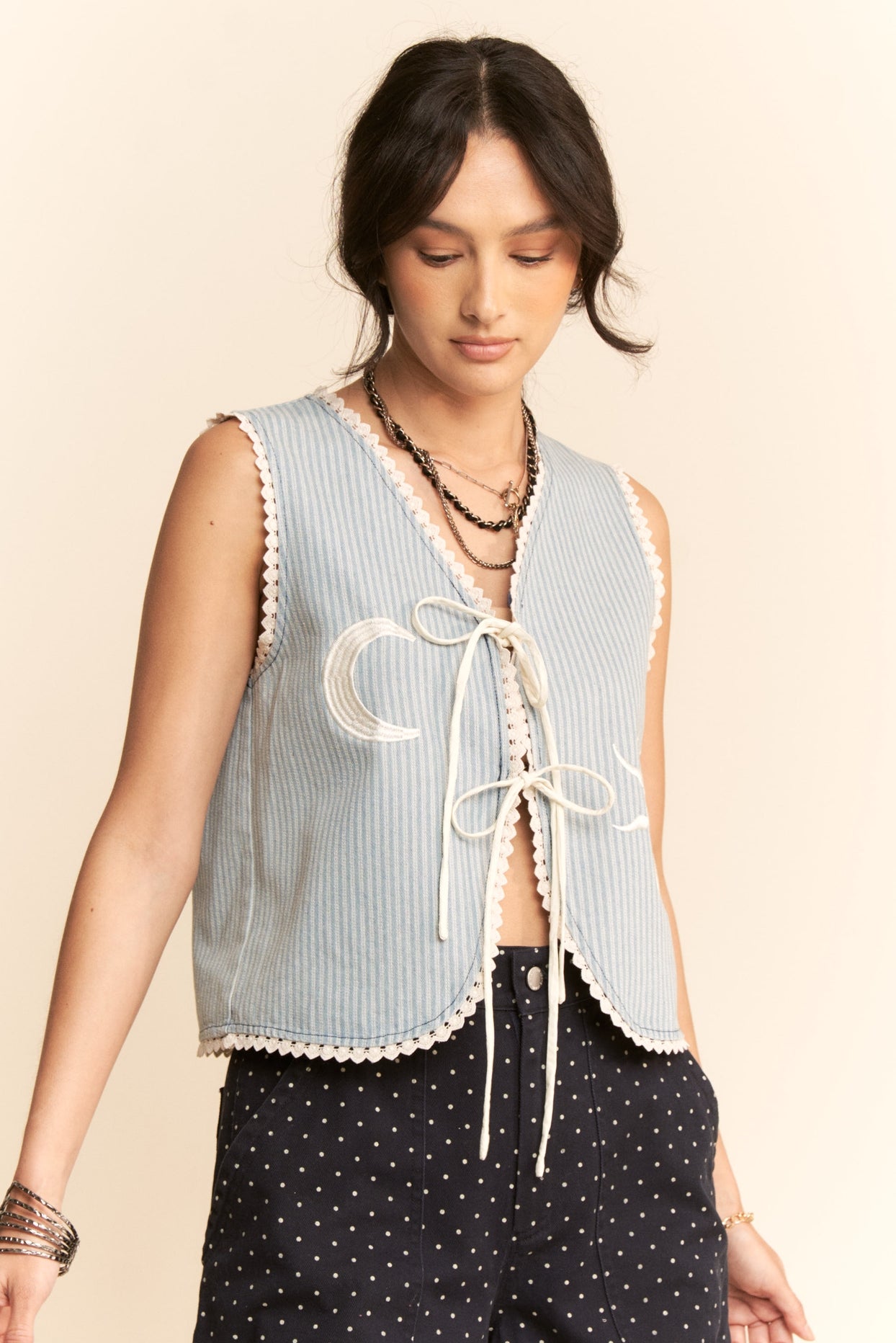 Moon & Sun Striped Denim Tie-Front Vest