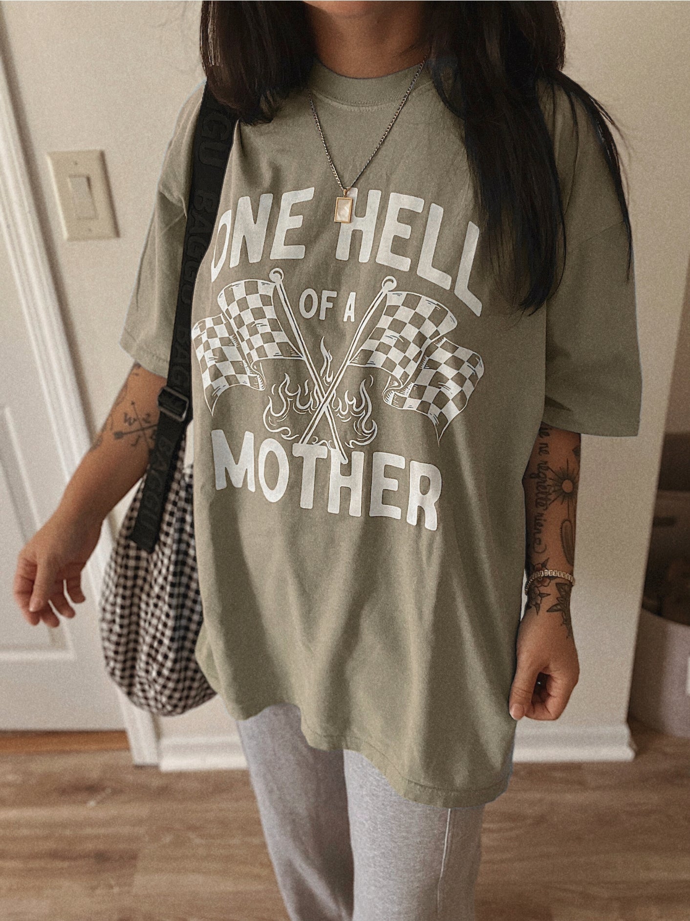 One Hell of A Mother Racing Womens Graphic Tee - Khaki