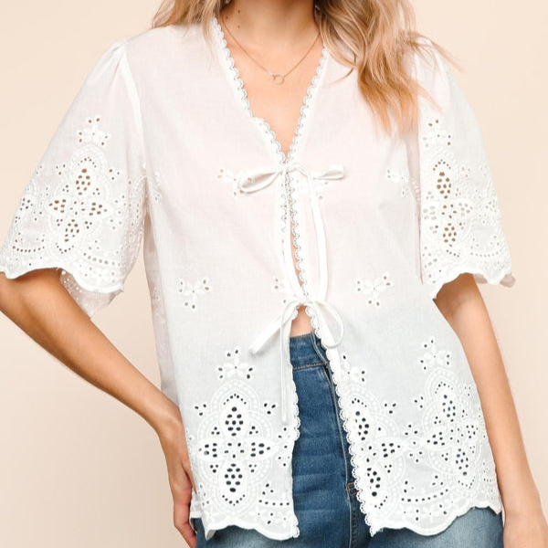 White Eyelet Lace Tie-Front Top