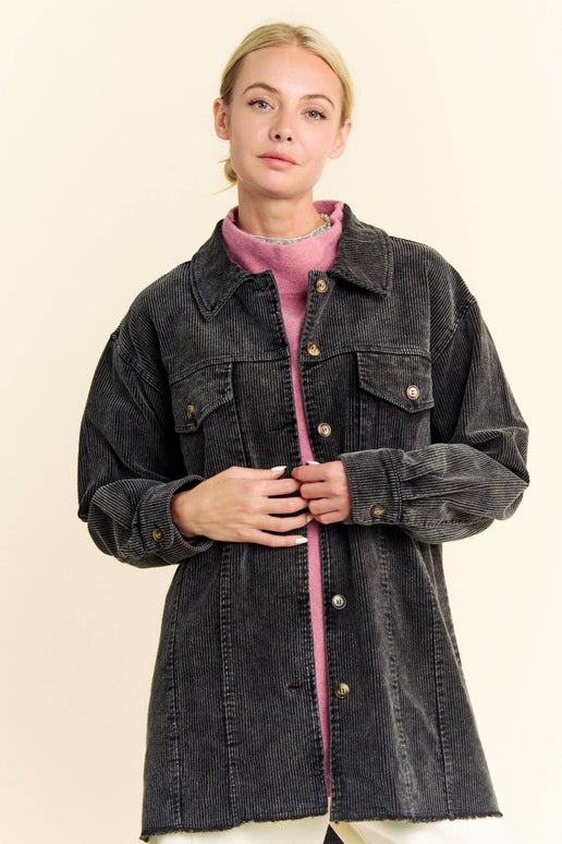 Distressed Black Corduroy Jean Shacket Jacket