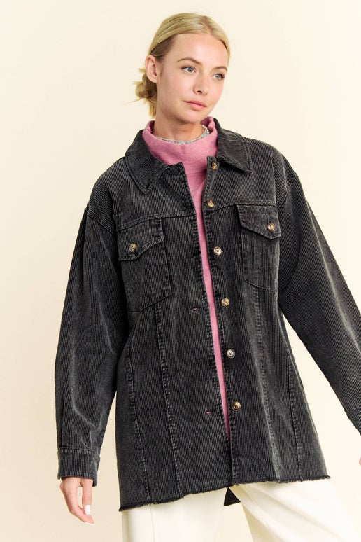 Distressed Black Corduroy Jean Shacket Jacket