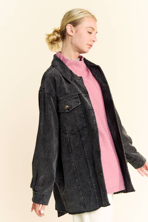 Distressed Black Corduroy Jean Shacket Jacket