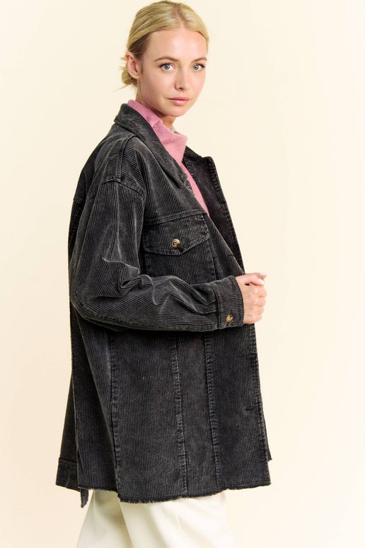 Distressed Black Corduroy Jean Shacket Jacket