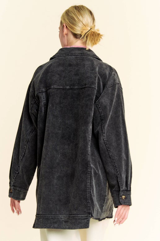 Distressed Black Corduroy Jean Shacket Jacket