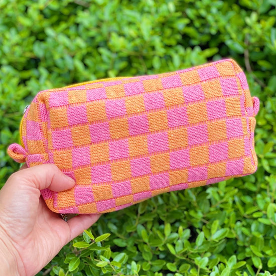 Check Yourself Cosmetic Bag - Orange/Hot Pink Zip Pouch