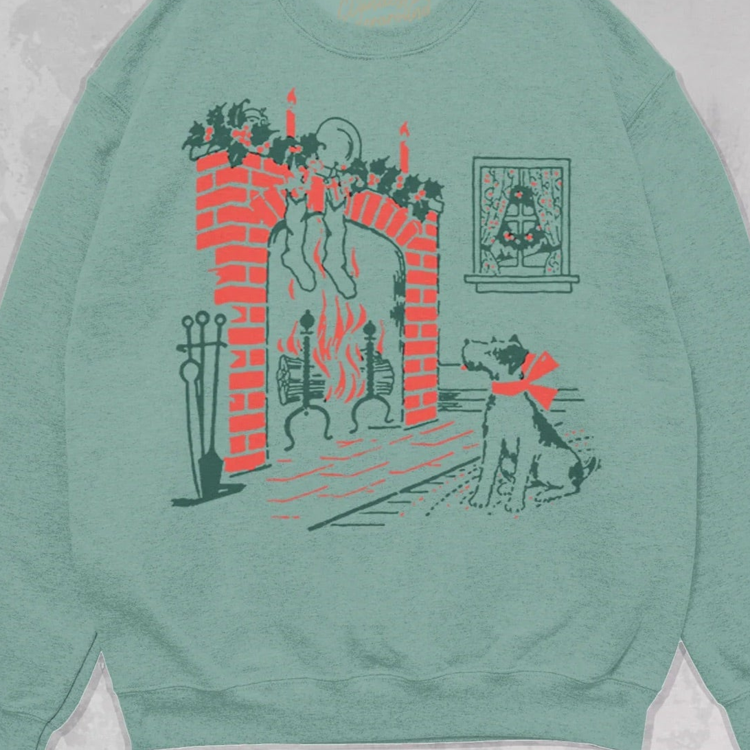 Dog and Fireplace Christmas Oversized Sweatshirt