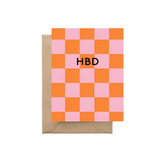 HBD Pink and Orange Checker Birthday Greeting Card