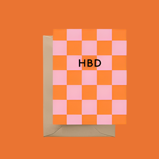 HBD Pink and Orange Checker Birthday Greeting Card