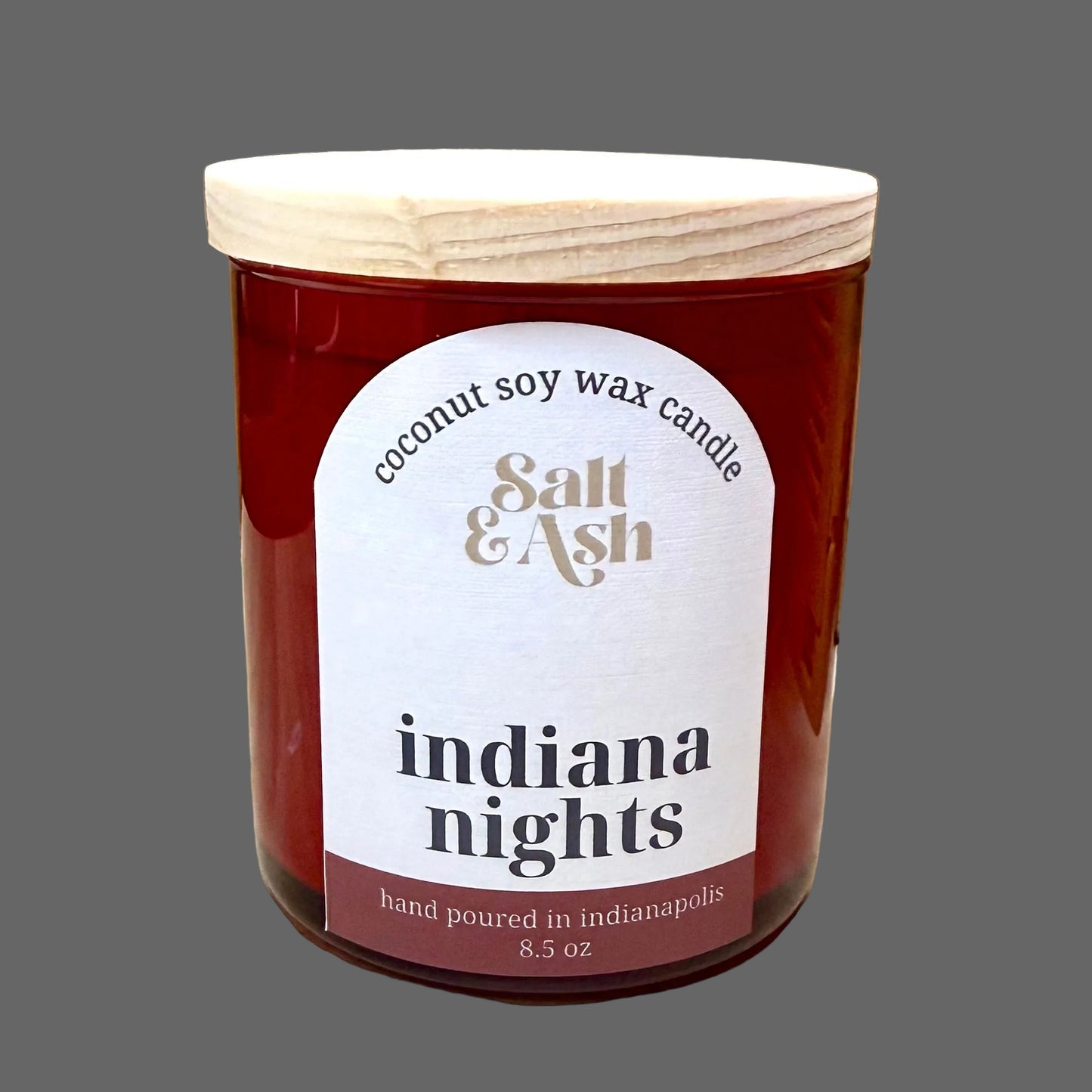 Candle labeled 'Indiana Nights' by Salt & Ash