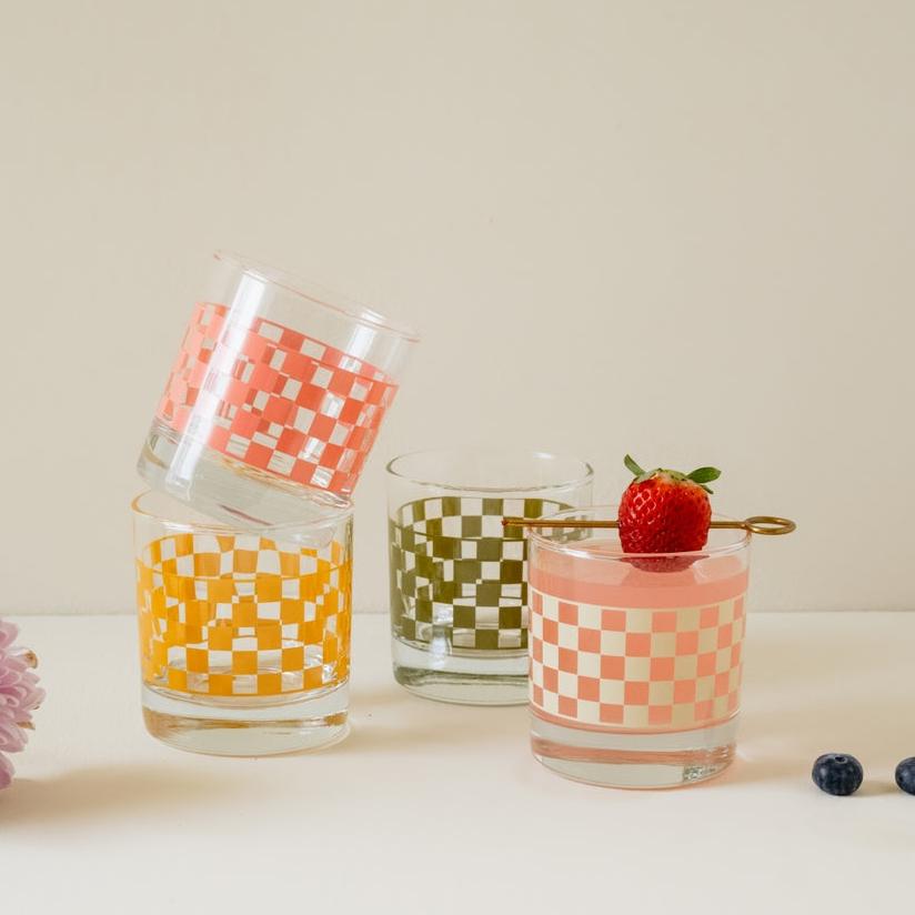 Checkered Rocks Glass Tumbler - Moss Green or Pink