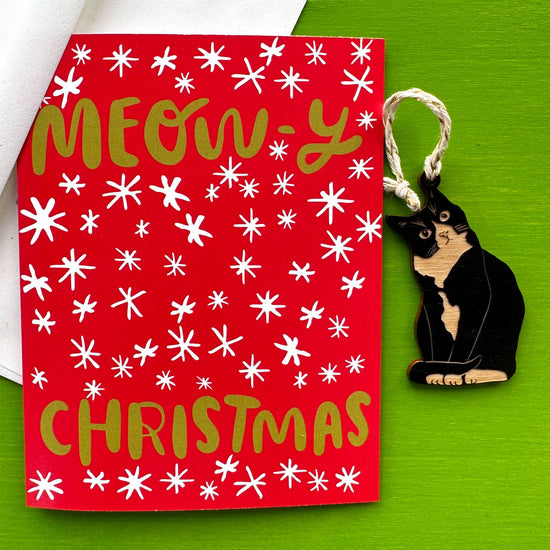 Meowy Christmas - Tuxedo Cat Ornament w/ Greeting Card