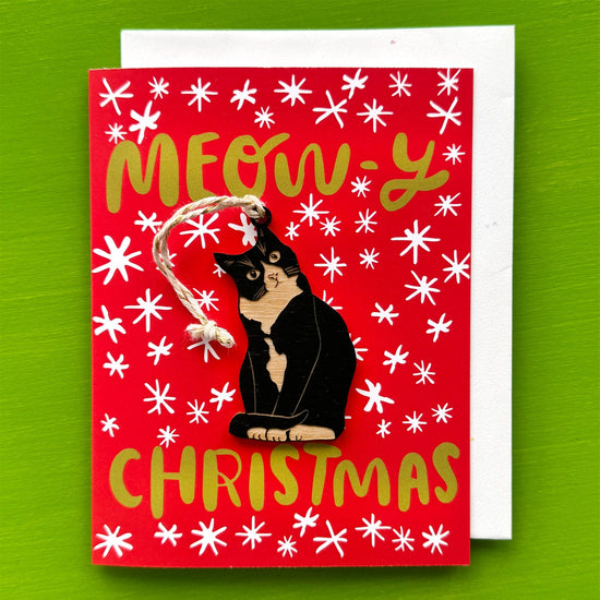 Meowy Christmas - Tuxedo Cat Ornament w/ Greeting Card