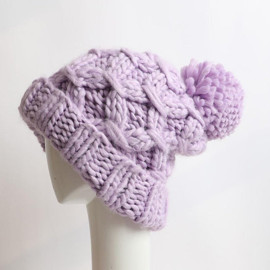 Oversized Chunky Knit Pom Beanie - Cozy Winter Hat - Lavender or Olive