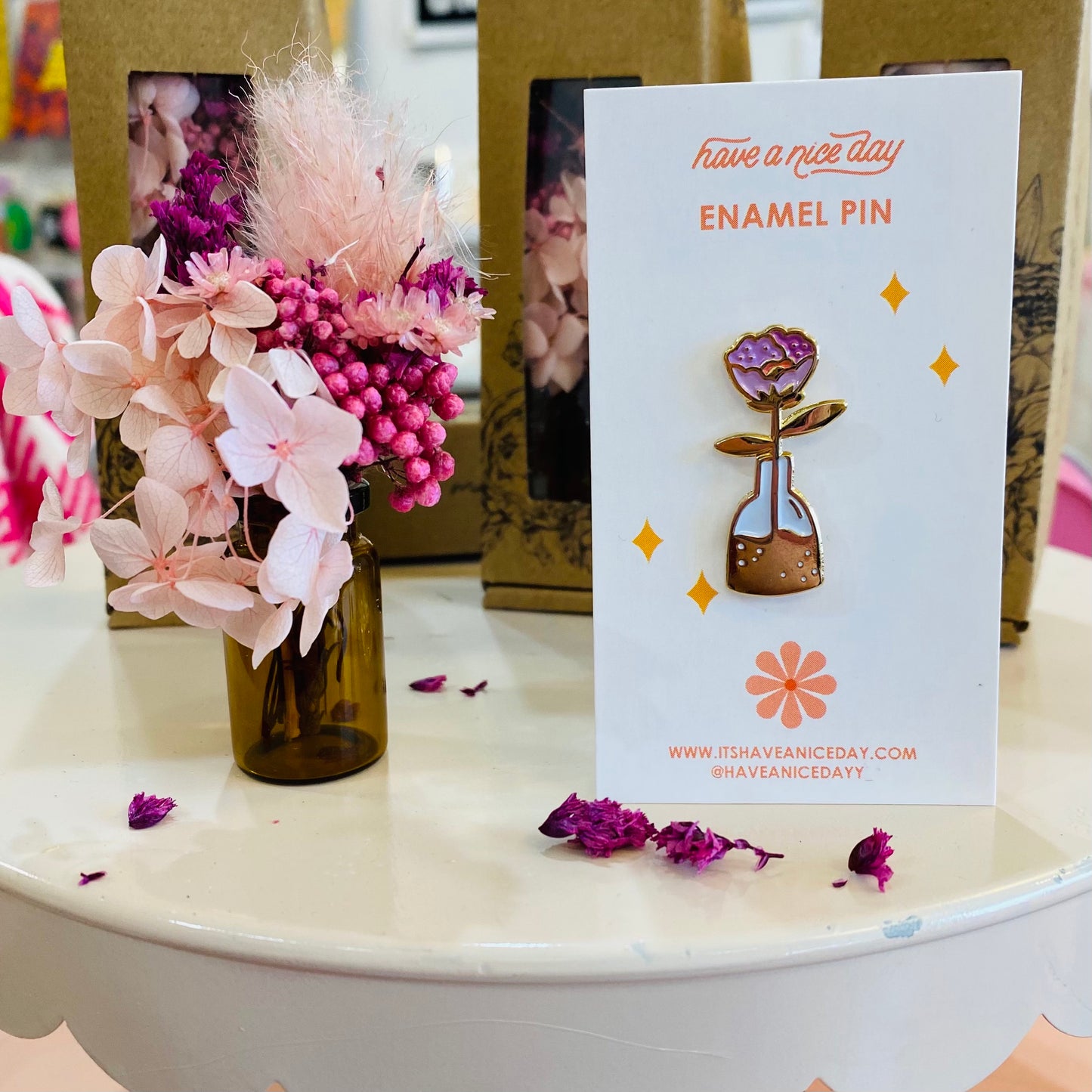 Pink Flower in Vase Enamel PIn