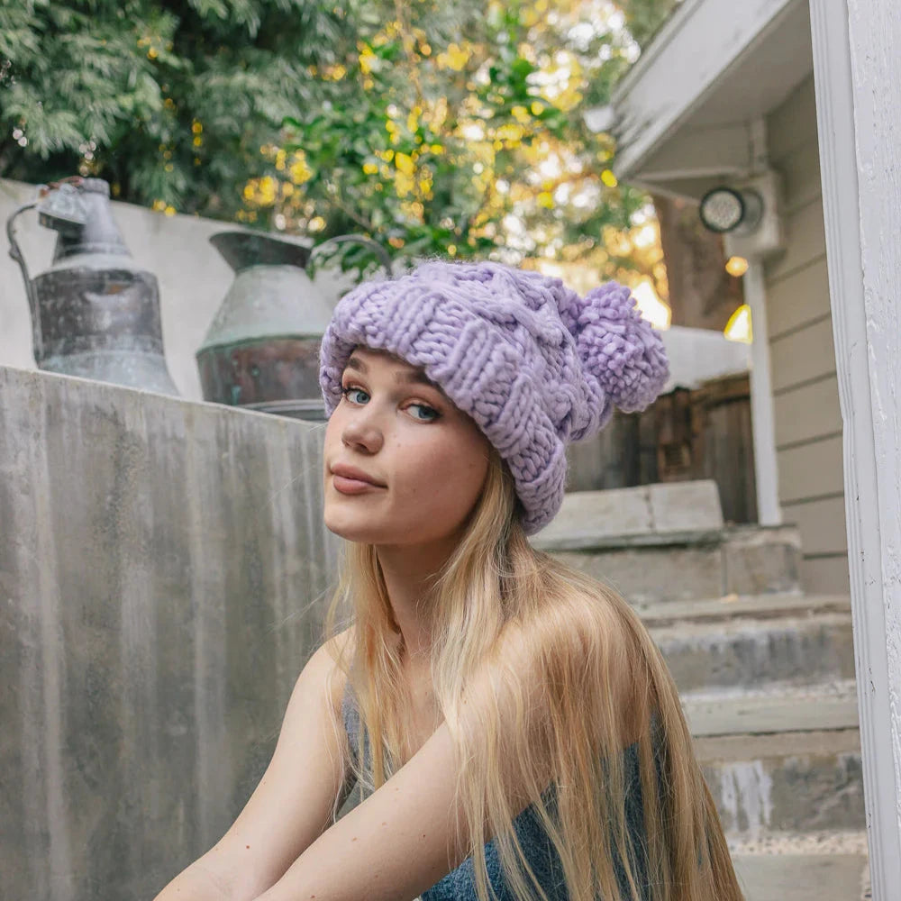 Oversized Chunky Knit Pom Beanie - Cozy Winter Hat - Lavender or Olive