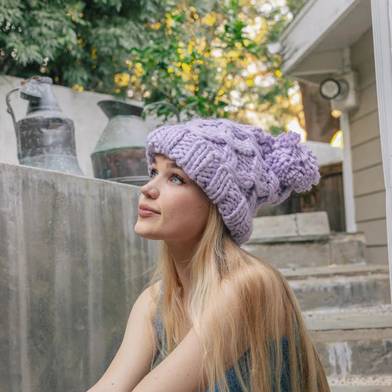 Oversized Chunky Knit Pom Beanie - Cozy Winter Hat - Lavender or Olive