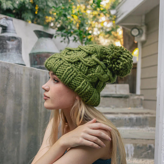 Oversized Chunky Knit Pom Beanie - Cozy Winter Hat - Lavender or Olive