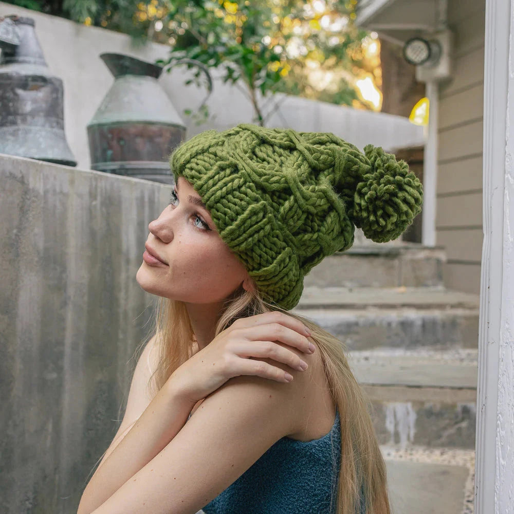 Oversized Chunky Knit Pom Beanie - Cozy Winter Hat - Lavender or Olive