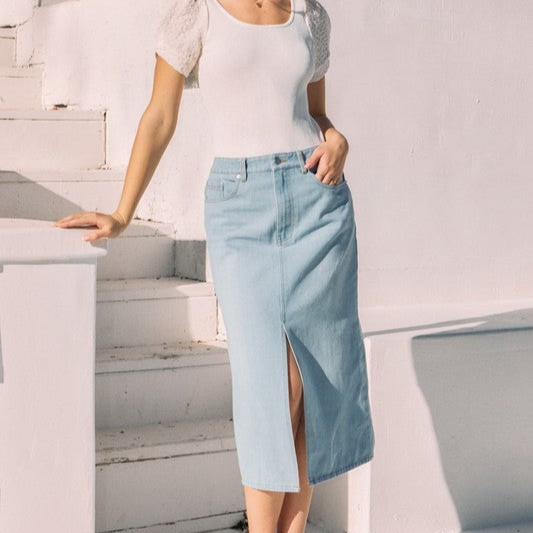 Washed Denim Midi Skirt