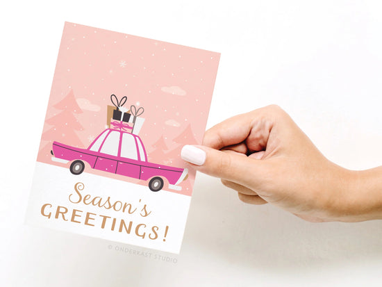 Season's Greetings Pink Vintage Car Holiday Greeting Card