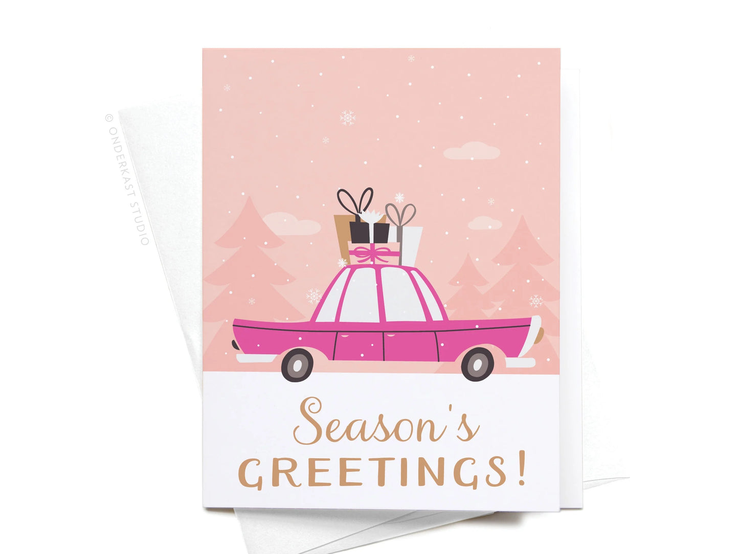 Season's Greetings Pink Vintage Car Holiday Greeting Card